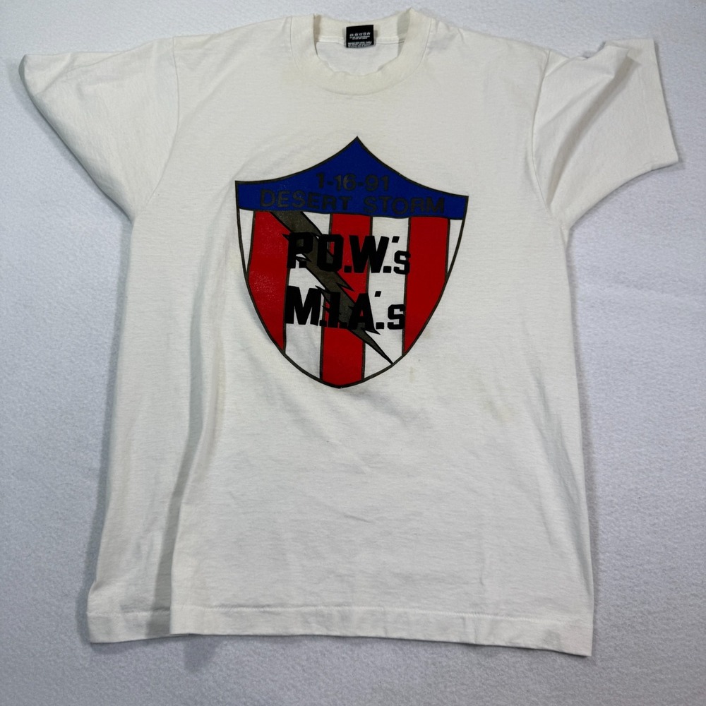 Screen Stars Shirt Mens L White Desert Storm POW MIA‎ 1991 USA Patriotic Tee